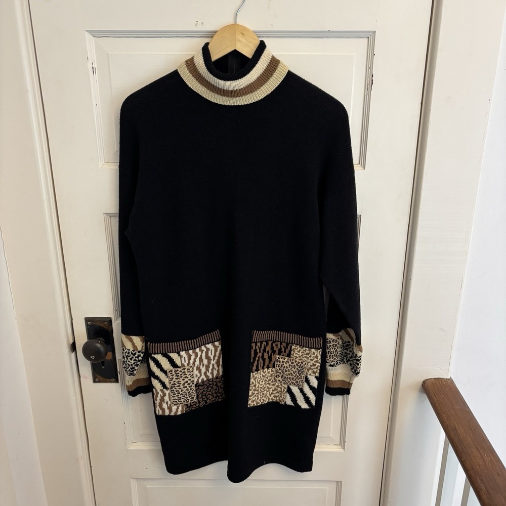 Antonella Preve‎ Vtg Women's Black Brown Animal Print Turtleneck Sweater Dress M